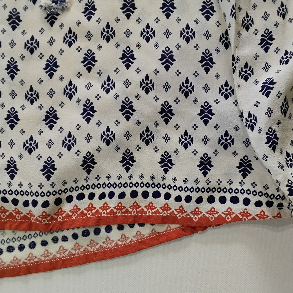 Sanctuary Peasant Boho Top Womens Small White Blue Geometric Orange Hem Relaxed - Picture 7 of 11